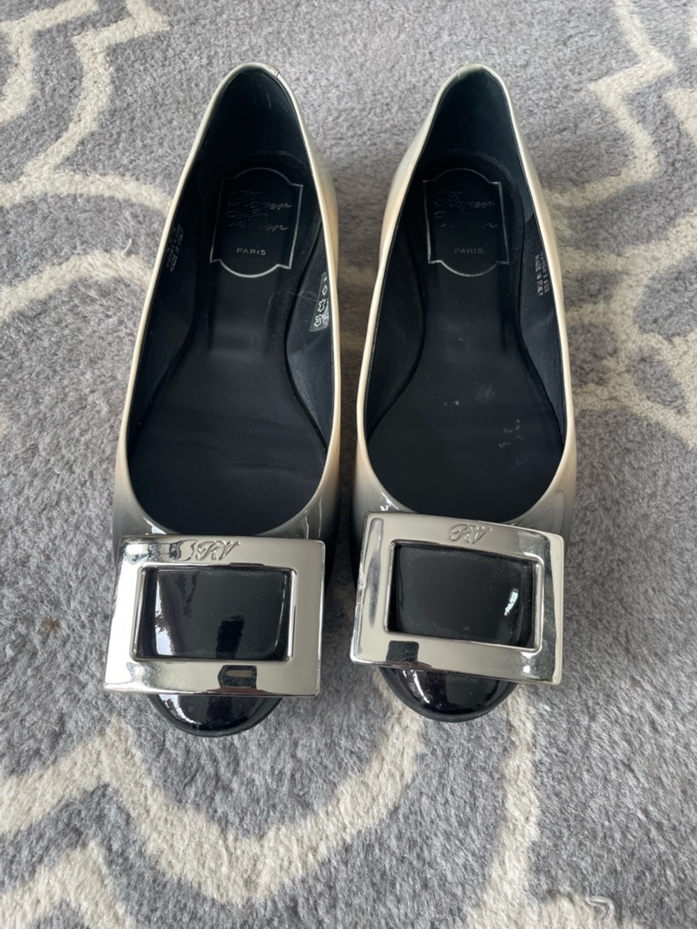 Roger Vivier Two-Tone Patent Leather Ballet Flats with Silver Buckles